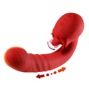 Rose stretches her tongue and licks the vibrator